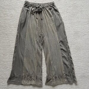 Young Threads Taupe Embroidered Cropped Wide Leg Pants Cotton Waffle Knit MED